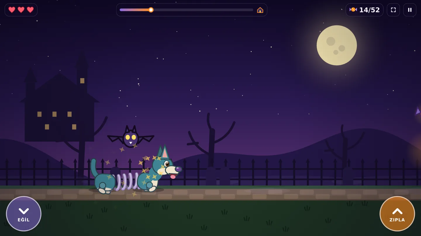 Yaylı Maceralar: a spring-bodied dog ducks under a bat on a pumpkin-lit Halloween road